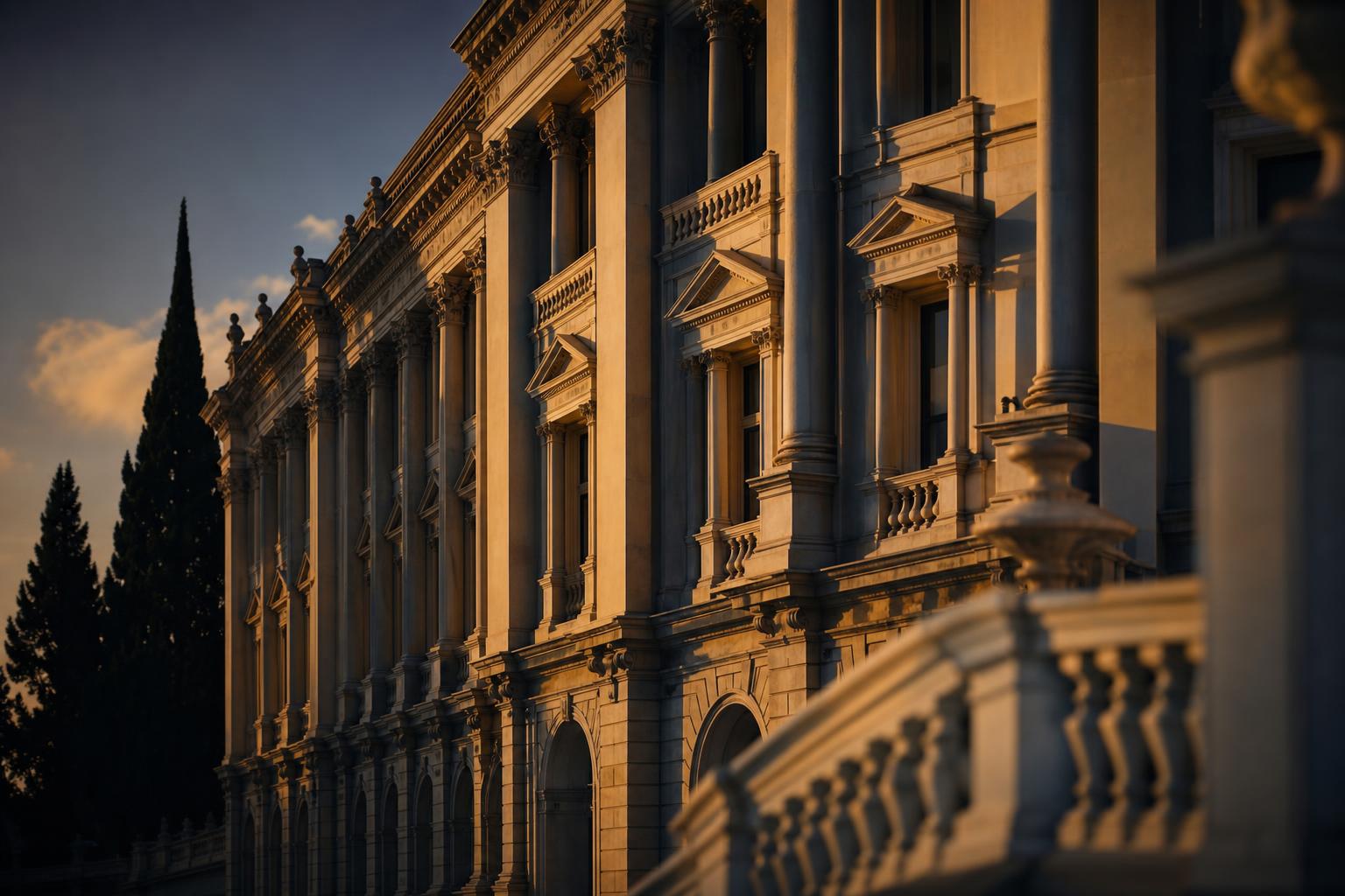 European classical architecture at golden hour